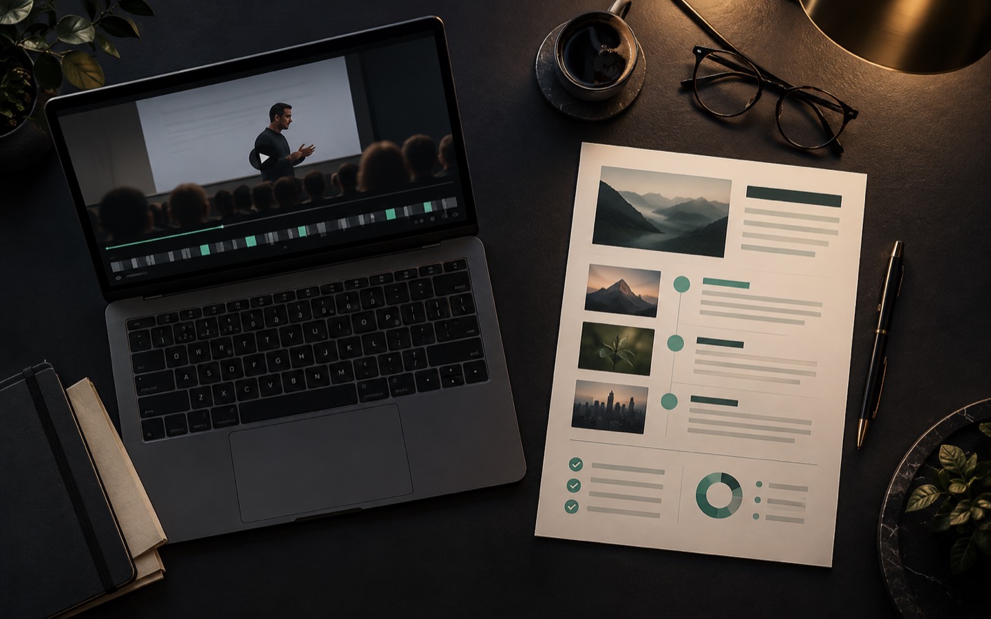 Ein langes Video auf einem Laptop neben einem kompakten, strukturierten Briefing
